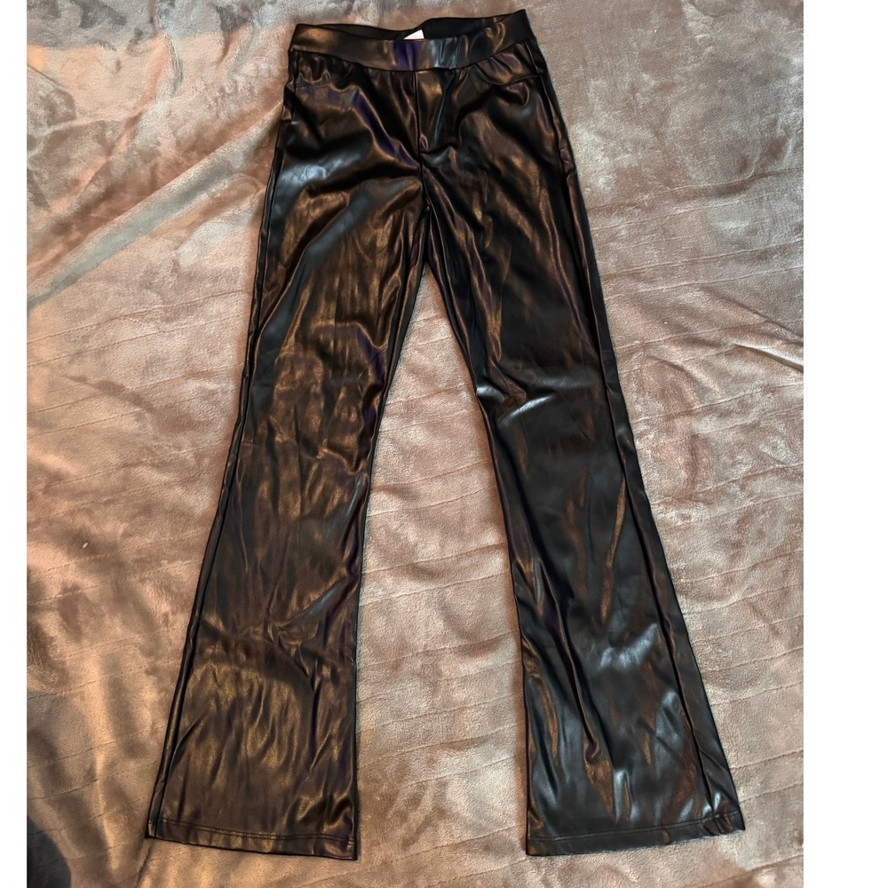 Zara Girls Black Faux Leather Flared Pants Size 10 Bell Bottom Trousers